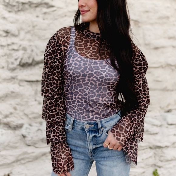 country journey Boutique Tops - NWT BROWN LEOPARD MESH RUFFLE SLEEVE TOP